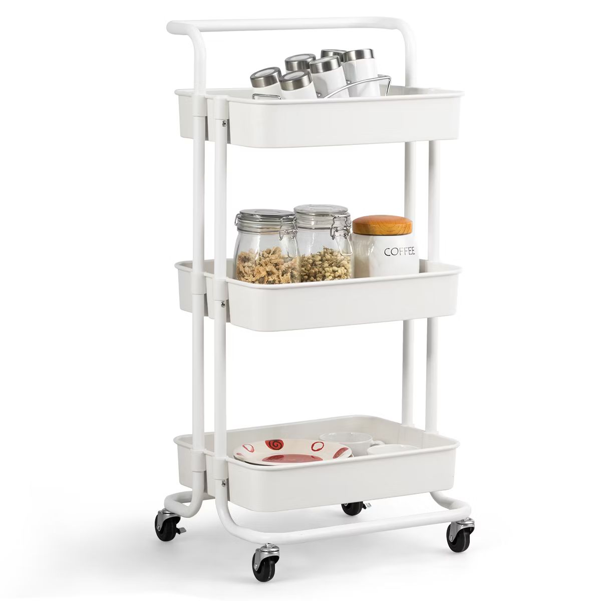 3 Tier Rolling Cart W/Wheels Practical Handle&ABS Storage Basket Organizer White | Target