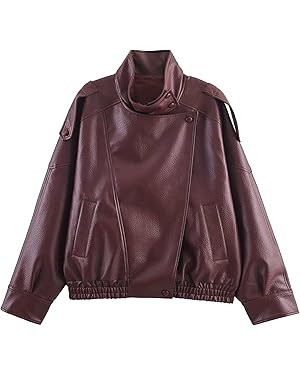 Faux Leather Jacket Women High Collar Full Zip Elastic Hem Bomber Jackets Oversized Motorcycle Ja... | Amazon (US)