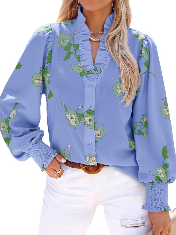 Tankaneo Womens Floral Ruffle Blouses Dressy Casual Long Puff Sleeve Boho Tops V Neck Button Down... | Amazon (US)