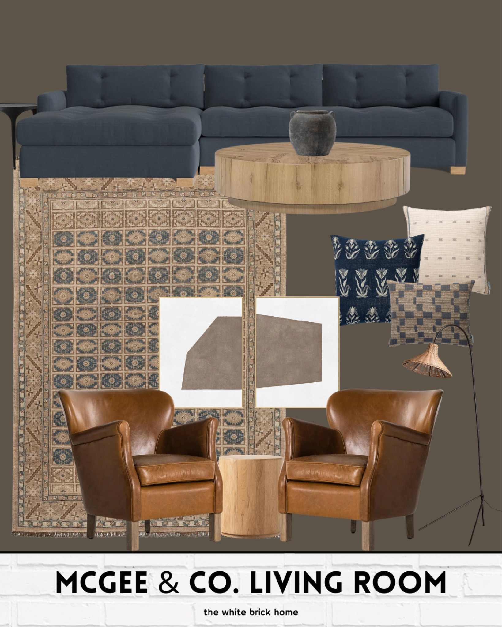 A warm and cozy living room design - I love mixing brown and navy together, and this rug pulls in so many beautiful tones to play off of! 

McGee and co, living room, study McGee, living room design, family room design, living room rug, area rug, sectional, navy living room, sofa, couch, coffee table, accent table, accent chair, leather chairs, pillows, throw pillows, navy throw pillows, wall art, floor lamp, home decor, home decor accents, home accessories living room, coffee table round, white oak coffee table. 

#LTKStyleTip #LTKSaleAlert #LTKHome