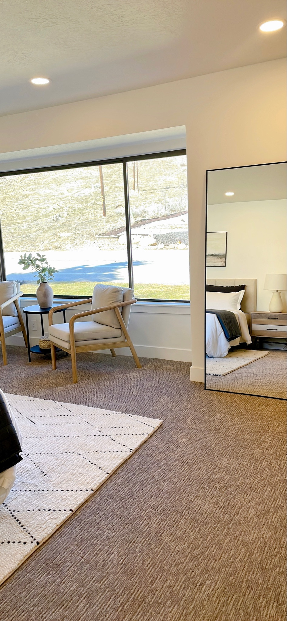 Primary bedroom, accent chairs, rug, bedding, floor mirror, art, home staging, styling 

#LTKstyletip #LTKhome