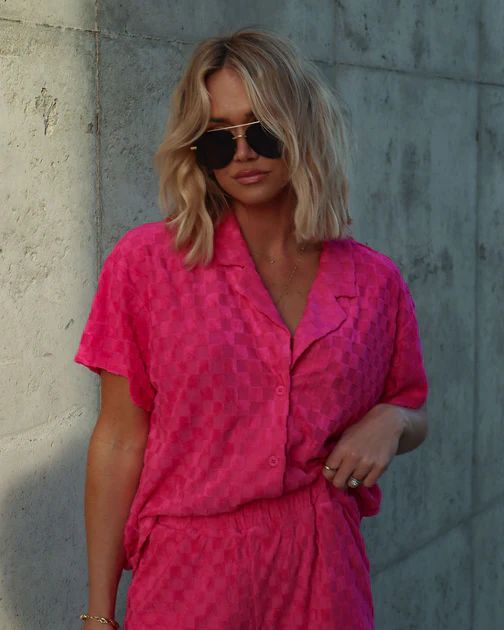 Boardwalk Dates Checkered Button Down Top - Hot Pink | VICI Collection
