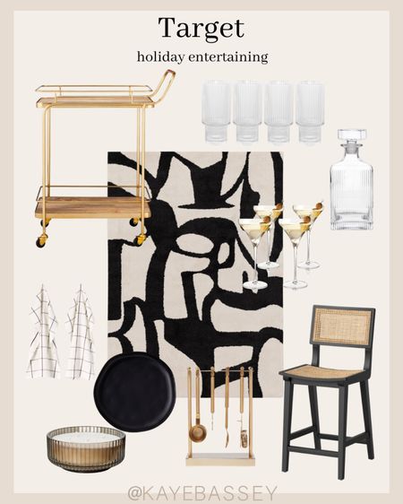 Target holiday entertaining must haves - gold bar cart, ribbed glasses and decanter, area rug, cane barstools

#barcart #entertaining #holidays 

#LTKfamily #LTKHoliday #LTKhome