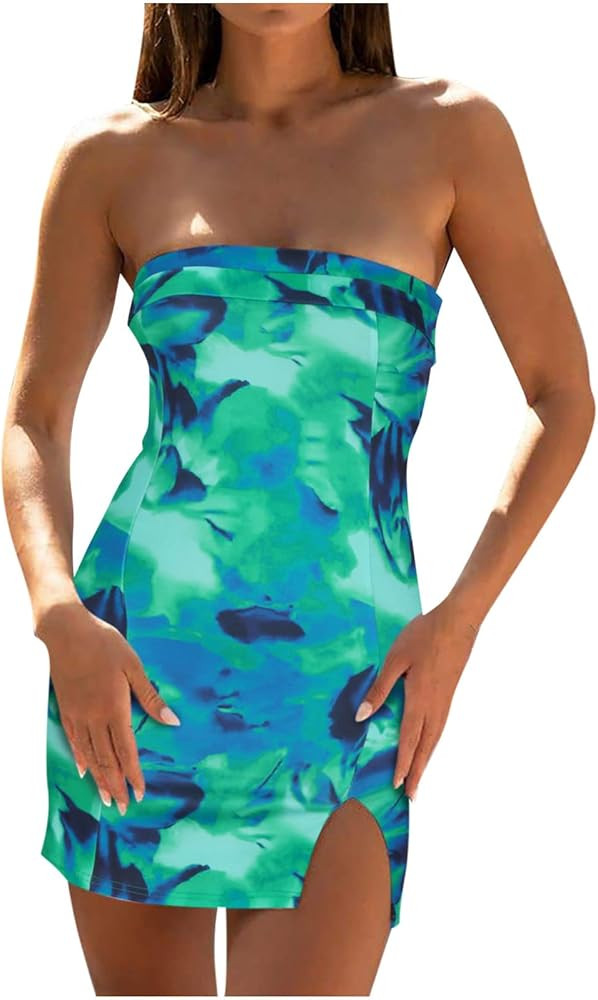 Summer Strapless Bandeau Dress for Women Casual Sexy Tube Tops Off Shoulder Split Mini Dress Back... | Amazon (US)