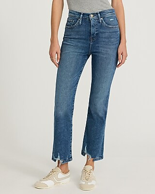 High Waisted Medium Wash Raw Hem Cropped Flare Jeans | Express