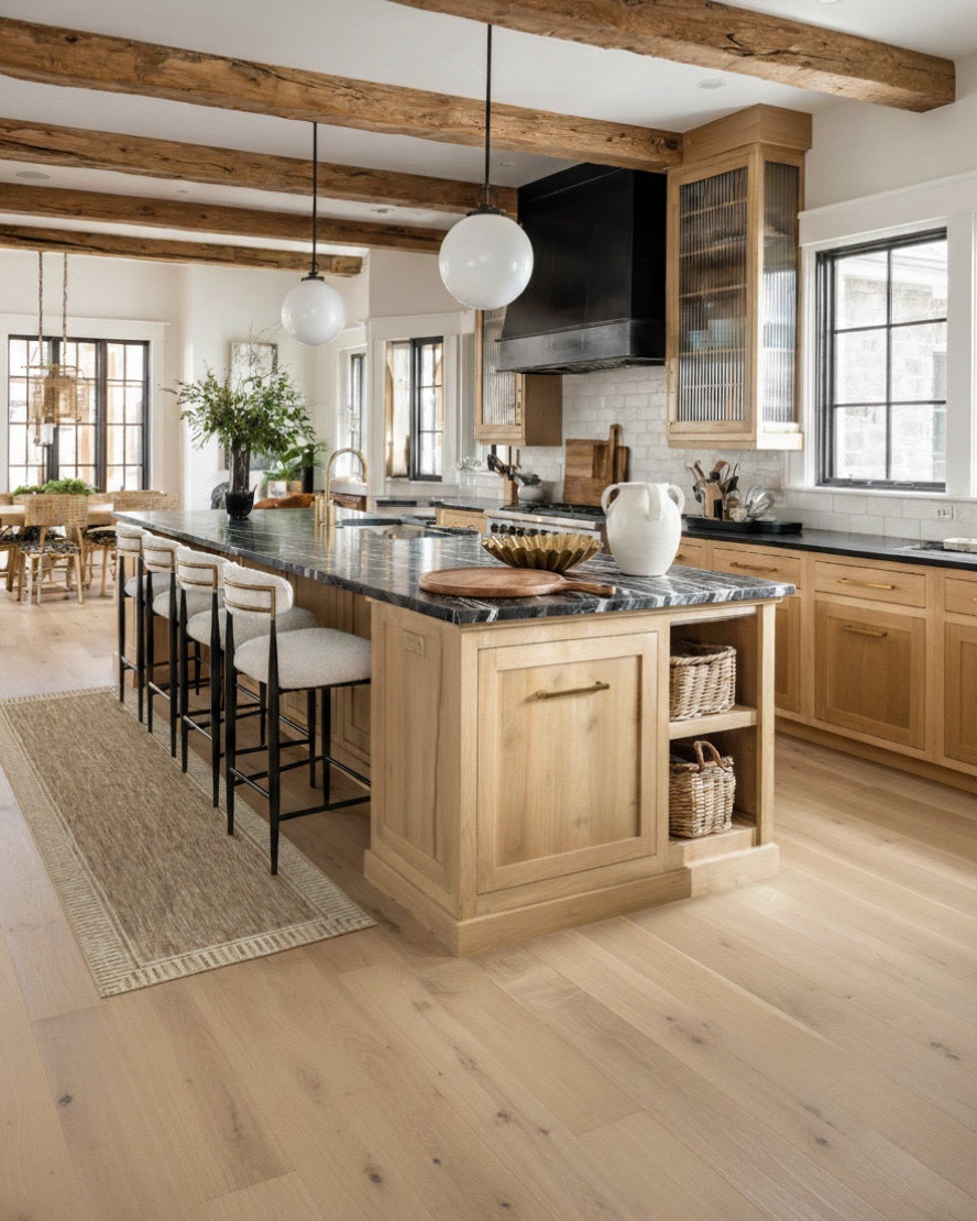 A warm, inviting kitchen that blends natural textures with modern refinement. The light oak cabinetry sets the tone with its soft, organic grain and matte finish, paired beautifully with the rich charcoal and white veined stone countertop that adds depth and quiet drama.

Exposed reclaimed wood ceiling beams introduce an earthy architectural layer that feels cozy and timeless, while the white globe pendants keep the lighting fresh and airy. The contrast between the rustic beams and the clean, modern lighting creates a perfect balance.

Along the island, the upholstered counter stools in soft cream with black metal frames add a structured, contemporary touch without overwhelming the warm palette. The woven baskets tucked into the open shelving bring in texture and natural charm.

The matte black range hood becomes a subtle statement piece, grounding the space alongside the warm-toned subway tile backsplash that adds texture without taking attention away from the cabinetry and stone.

Every detail works together—warm neutrals, natural woods, layered textures—to create a kitchen that feels calm, elevated, and effortlessly livable.

✨ Shop the look:
Light oak cabinetry | Charcoal veined stone island | Cream upholstered stools | Woven storage baskets | White globe pendant lights | Matte black range hood | Warm subway tile backsplash | Natural runner rug | Brass kitchen fixtures

#LTKsale #LTKhome #LTKstyletip