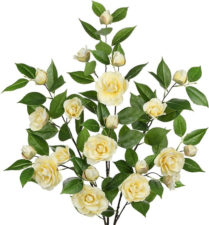 35.4" Yellow Flowers Artificial Camellia Fake Tree Branches, 3Pcs Faux Camellia Sprays Silk Flowe... | Amazon (US)