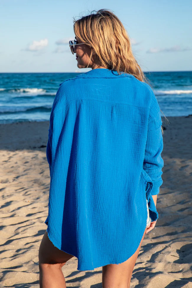 Let Me Adore You Cobalt Blue Button Front Gauze Blouse | Pink Lily