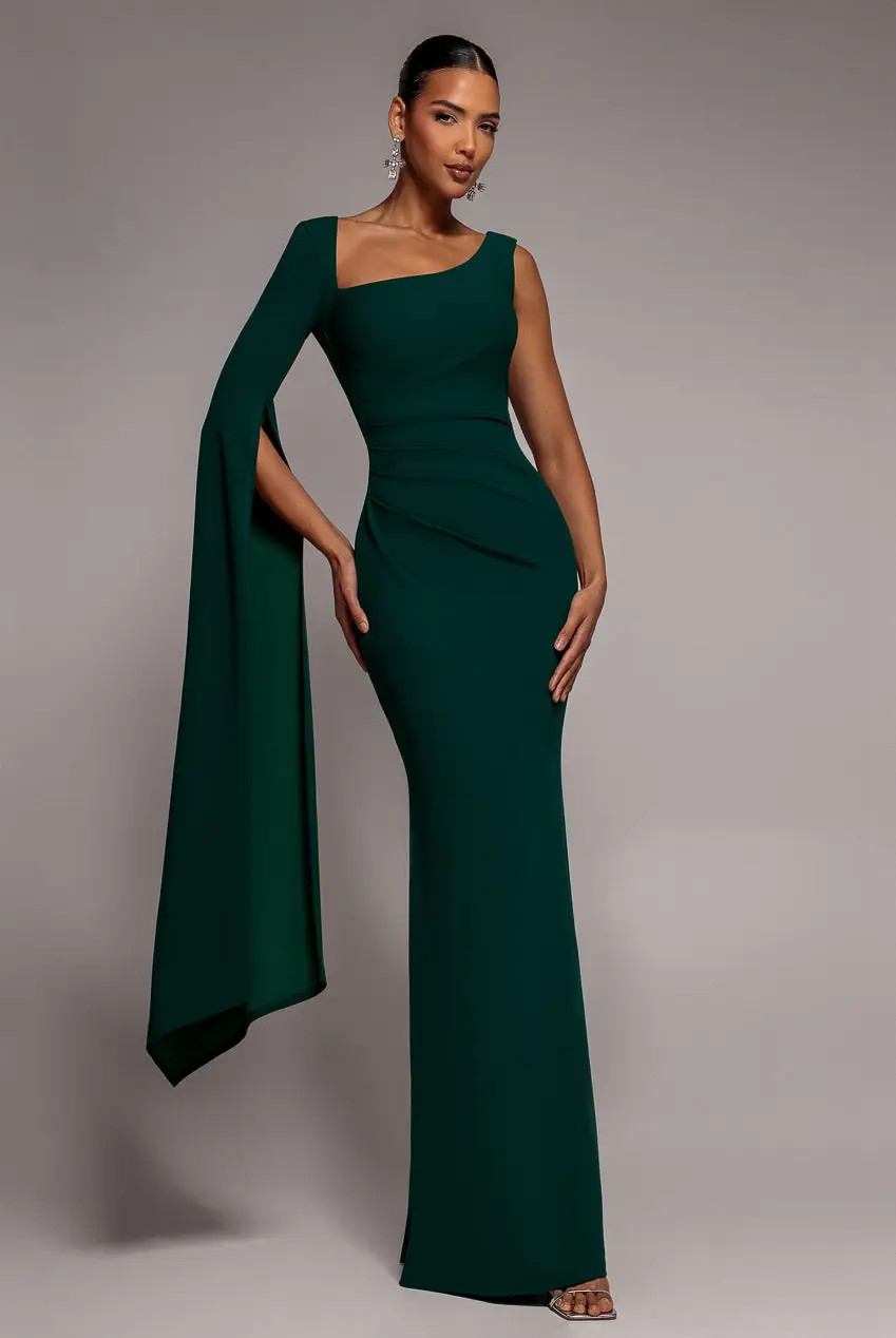 Emerald Goddiva One Shoulder Cape Sleeve Maxi Dress | Boohoo | Boohoo.com (UK & IE)