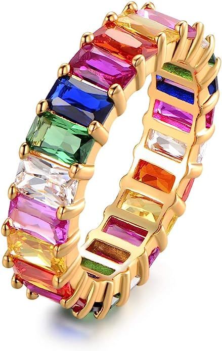 Eternity Rainbow Ring Wedding Band for Women | 18K Gold Plated Emerald-Cut Rainbow Multi Color Cr... | Amazon (US)