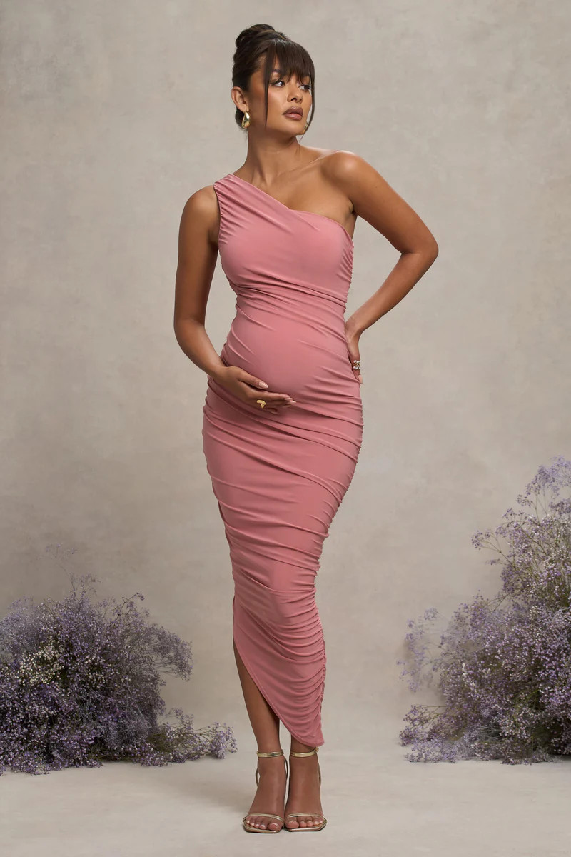 Late Night  Blush Pink Maternity Ruched One Shoulder Midi Dress | Club L London