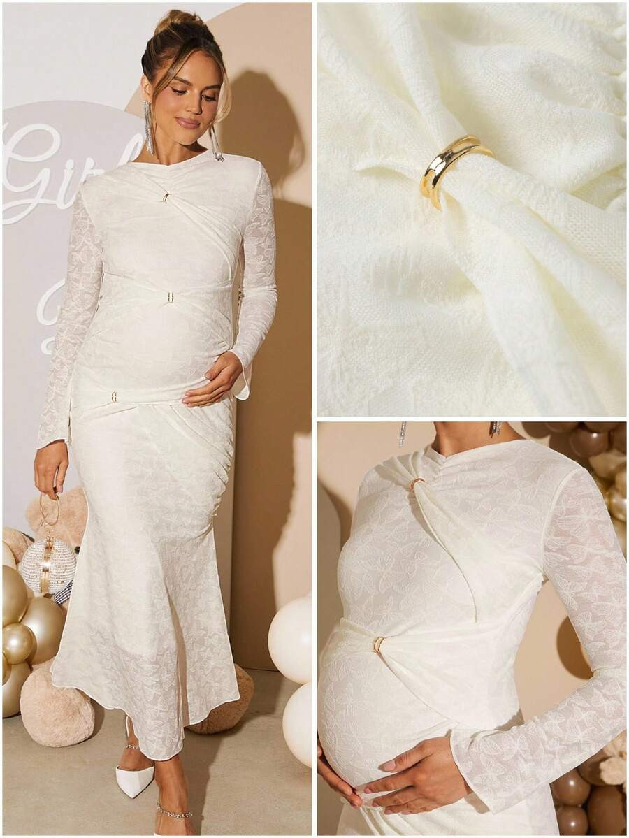 Loomaby Elegant Party Solid Color Jacquard Butterfly Mermaid Maternity Dress  Gender Reveal Dress... | SHEIN