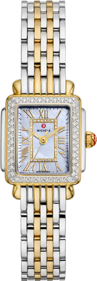 Deco Madison Mini Diamond & Mother-of-Pearl Two-Tone Bracelet Watch, 23mm x 24mm | Nordstrom