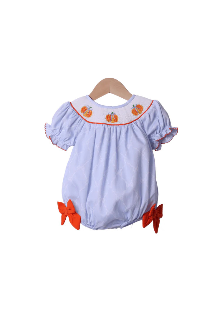 Smocked Blue Trellis Pumpkin Bow Bubble | The Smocked Flamingo