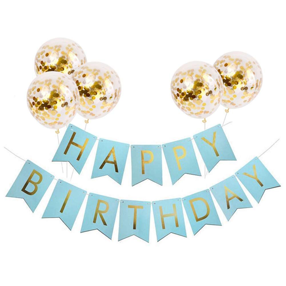 Tellpet Light Blue HAPPY BIRTHDAY Banner with 5 pcs Gold Confetti Balloons | Amazon (US)