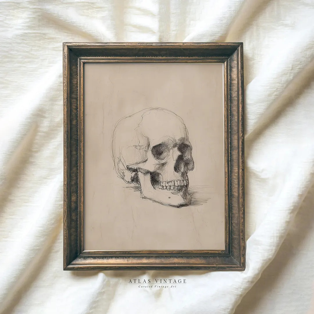 Vintage Halloween Skull Ink Drawing Print, Creepy Skeleton Sketch Printable Wall Art, Spooky Goth... | Etsy (US)