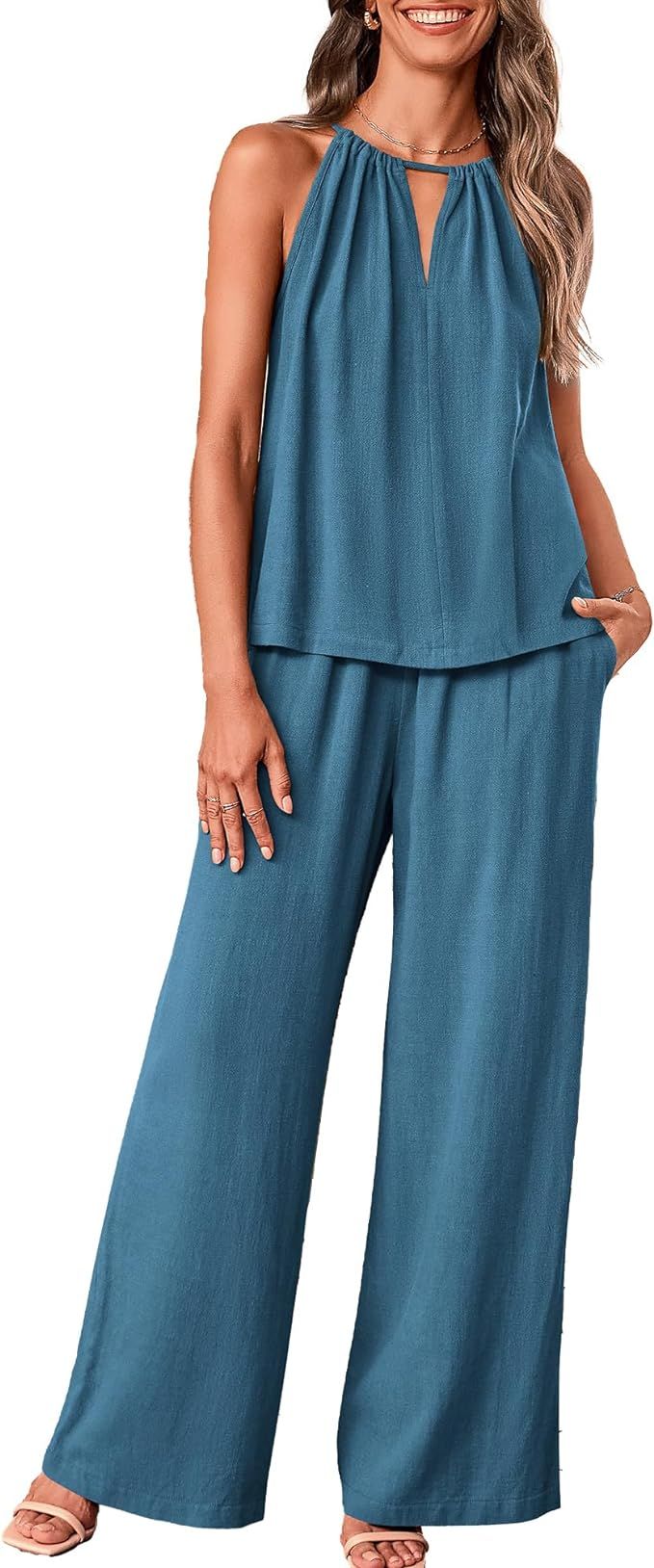BTFBM Women's Casual Summer Two Piece Outfits Cotton Linen Sets Cutout Halter Sleeveless Top Wide... | Amazon (US)