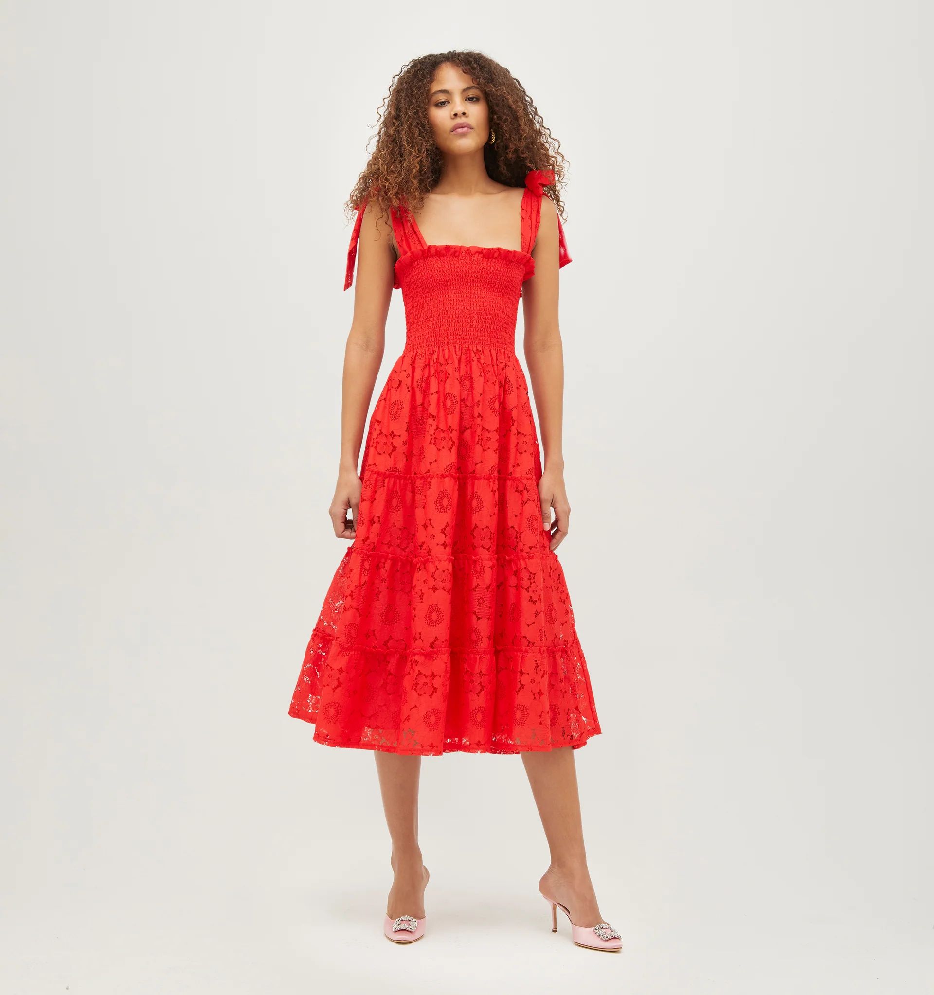 The Lace Ribbon Ellie Nap Dress - Poppy Red Floral Lace | Hill House Home