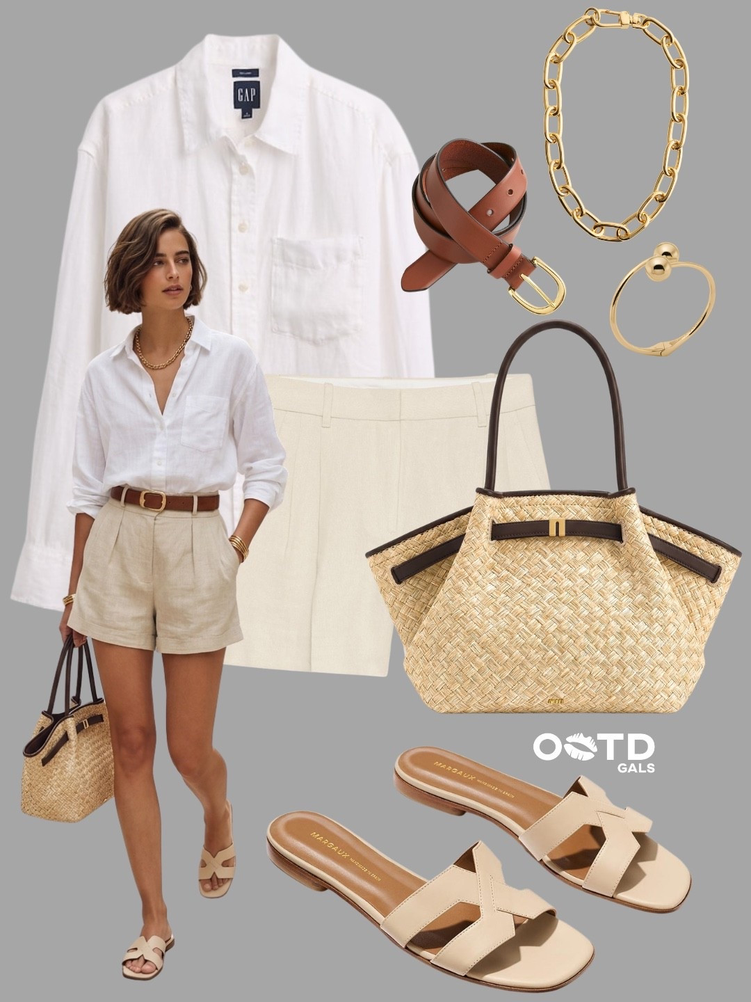 Easy neutrals, timeless summer style ☀️🤍
Lightweight textures and warm earthy tones make this look feel effortlessly chic and vacation ready.

Simple, polished, and endlessly wearable.

✨ Style Details:
• Crisp white linen shirt for a relaxed, airy feel  
• Tailored beige shorts for a clean and elevated silhouette  
• Tan belt to add warmth and definition  
• Woven straw tote with dark brown accents for a luxe coastal touch  
• Minimal nude slide sandals for an understated finish  
• Gold jewelry to bring warmth and elegance to the look  

The kind of outfit that always looks expensive ✨

#LTKStyle #SummerStyle #QuietLuxury