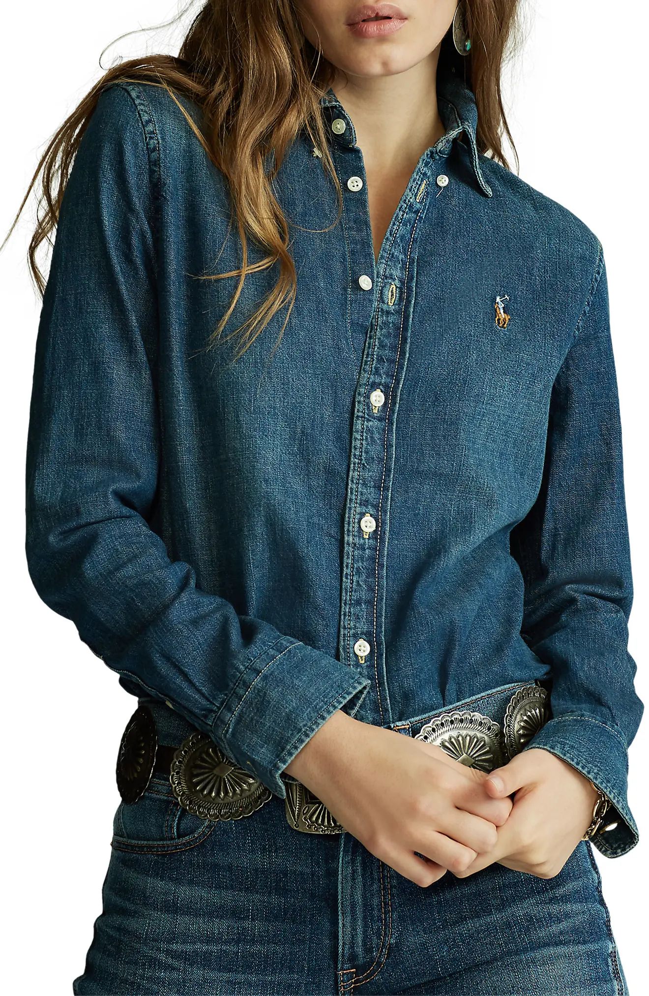 Women's Polo Ralph Lauren Denim Button-Down Shirt, Size Medium - Metallic | Nordstrom