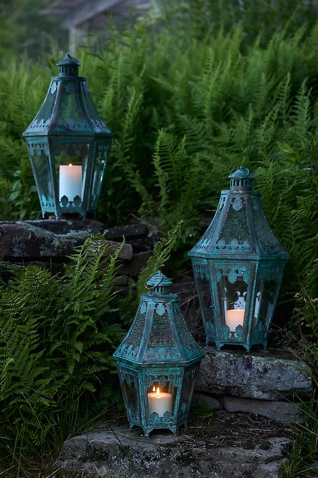 Verdigris Footed Mesh Lantern in Mint, Size: Large at Terrain | Terrain