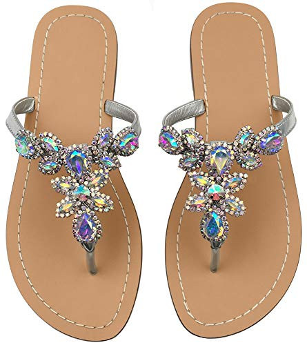 Hinyyrin Sparkly Rhinestone Flip Flops for Women Trendy Jeweled Thong Sandals Summer Flat Sandals for Beach Weddings Vacation Shoes Size 8 Silver | Amazon (US)