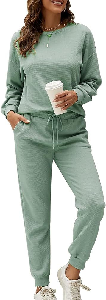 Womens Waffle Knit Lounge Set Outfits Set Casual Long Sleeve Top and Pants Two Piece Loungewear S... | Amazon (US)