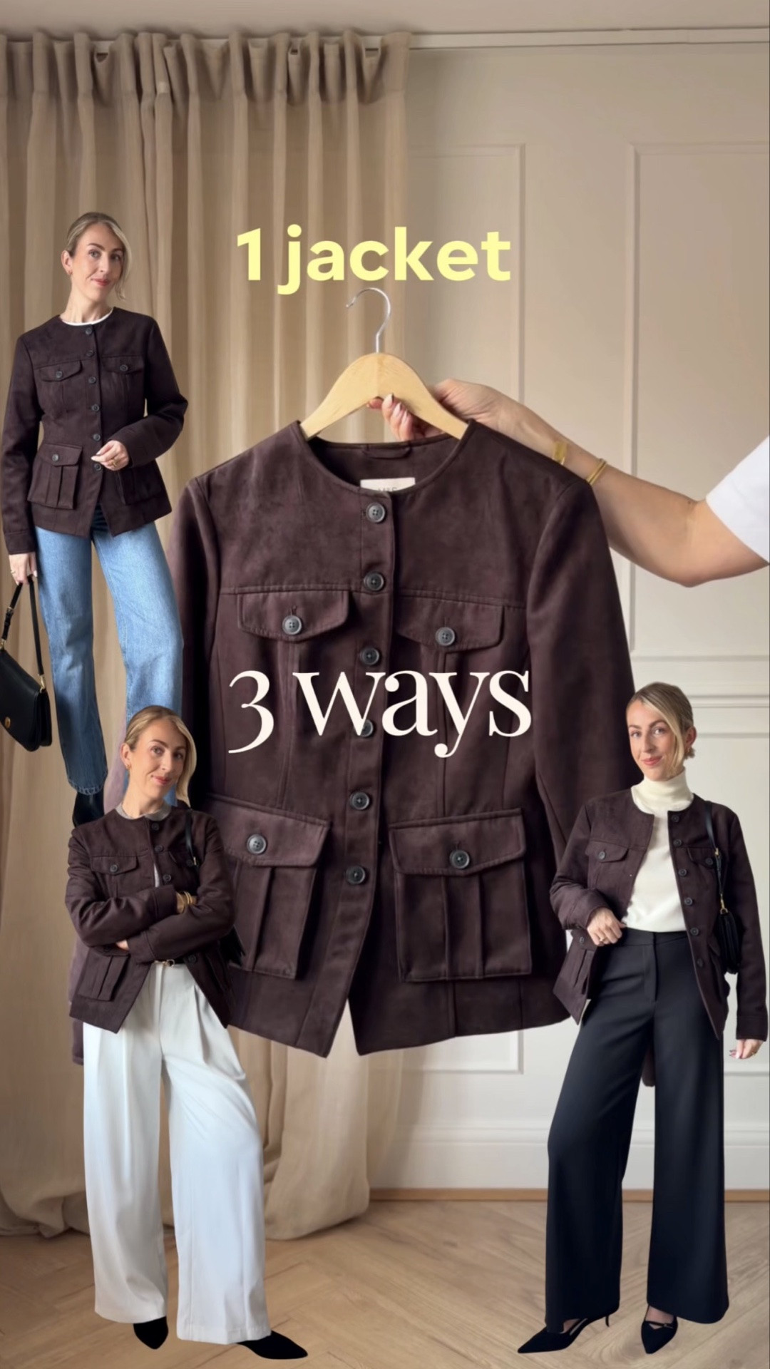 3 ways to wear a faux suede utility jacket for autumn 📌🤎🍂 all from M&S! 

Styling ideas, autumn outfit, utility jacket, suede jacket, straight leg jeans, white trousers, black trousers