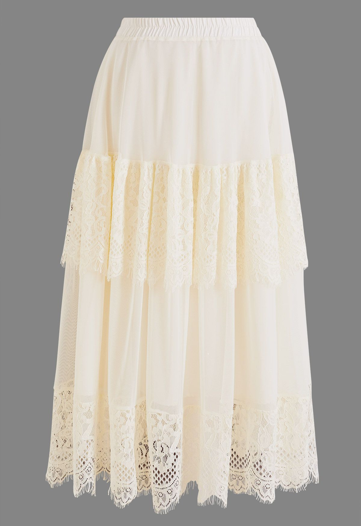 Tiered Lace Panel Mesh Tulle Maxi Skirt in Cream for Beach Weddings & Resort Getaways | Chicwish
