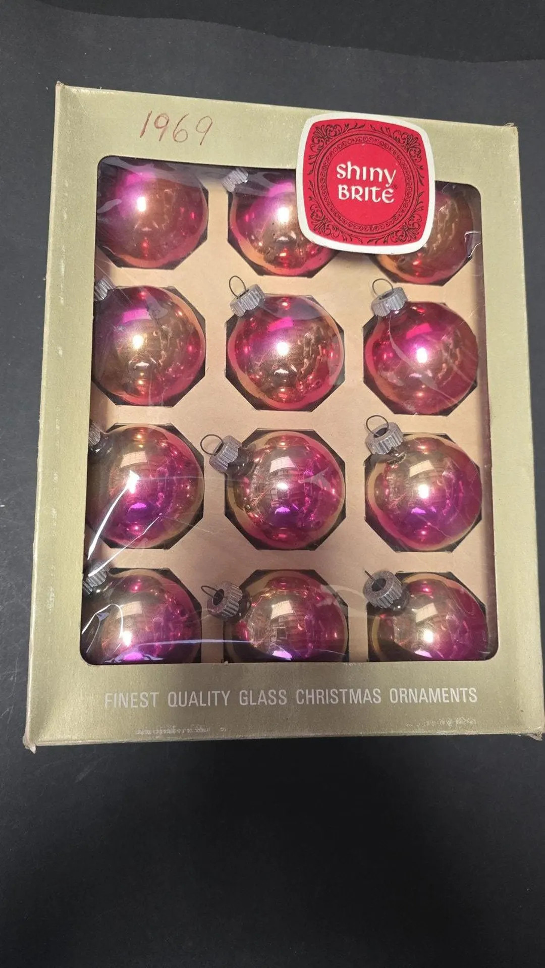 Vintage 1969 Shiny Brite Glass Christmas Ornaments Gold Deep Rose Balls Box - Etsy | Etsy (US)