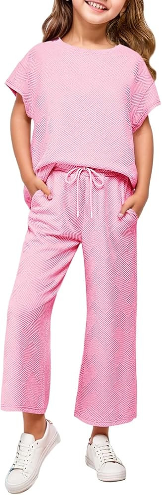 Girls 2 Piece Outfits Cap Sleeve Tops Long Wide Leg Pants Set Sweatsuits 5-14 Years | Amazon (US)