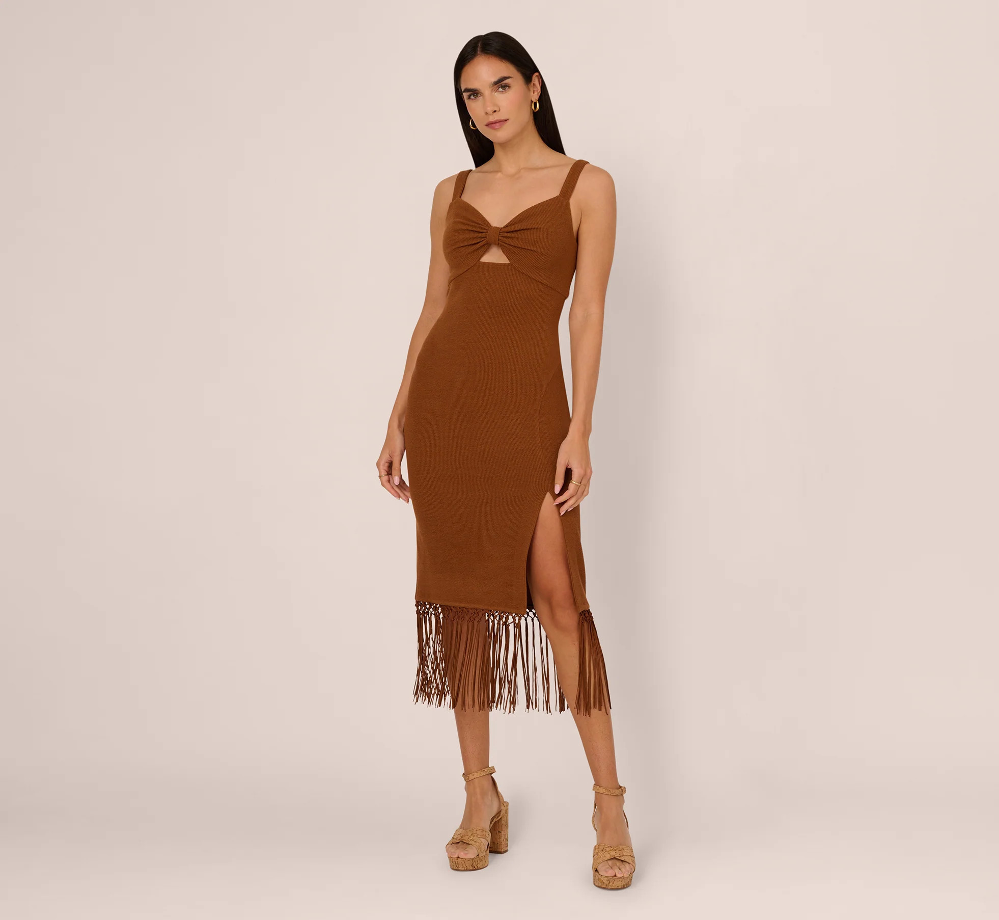 Fringe Trim Midi Dress With Keyhole Cutout Bust In Light Brown | Adrianna Papell