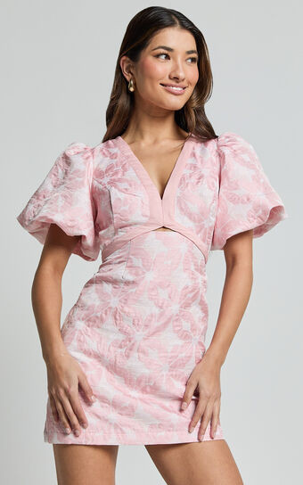 Diana Mini Dress - Jacquard Short Sleeve Cut Out Dress in Light Pink | Showpo (US, UK & Europe)