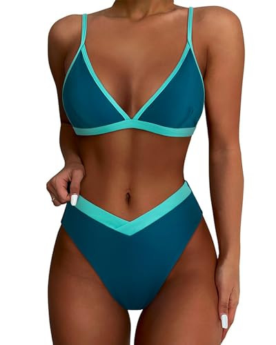 SUUKSESS Women Triangle High Cut Bikini Sets Sexy High Waisted Color Block Two Piece Swimsuits Push Up Bathing Suits(Green Blue,M) | Amazon (US)