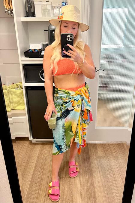 Hunza G two piece one shoulder swimsuit. Swimwear. Farm Rio sarong. Valentino sandals. Freya  hat. Pool look. Vacation style, orange swimsuit, shopbop, beachwear, vacation look. 

#LTKtravel #LTKswim #LTKSeasonal