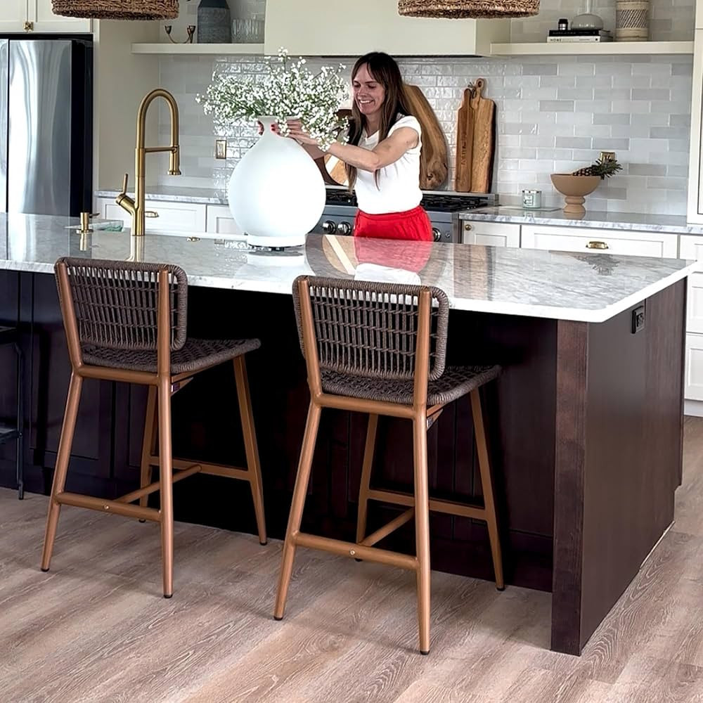 PURPLE LEAF Patio Counter Height Bar Stools Set of 2 Metal Bar Chairs with Back Wicker Woven Stoo... | Amazon (US)