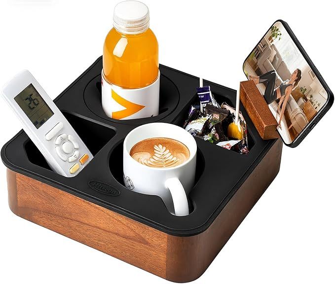 Couch Cup Holder Tray, Acacia Wooden Couch Caddy with Rotatable Phone Holder for Bed Organizer, W... | Amazon (US)