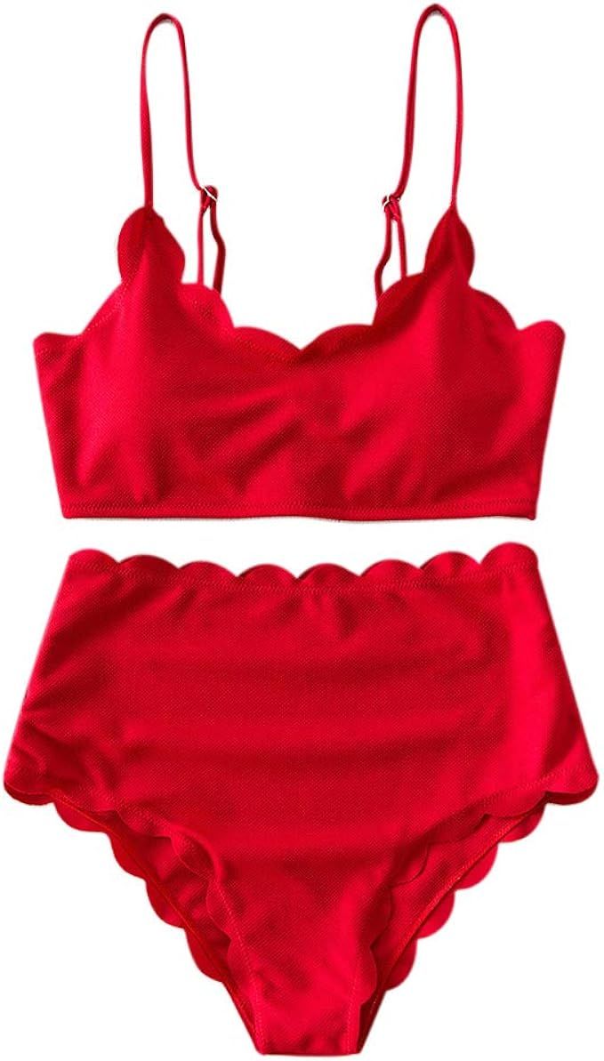 ZAFUL Women's High Waisted Wide Strap Adjustable Back Lace-up Bikini Set Swimsuit | Amazon (US)