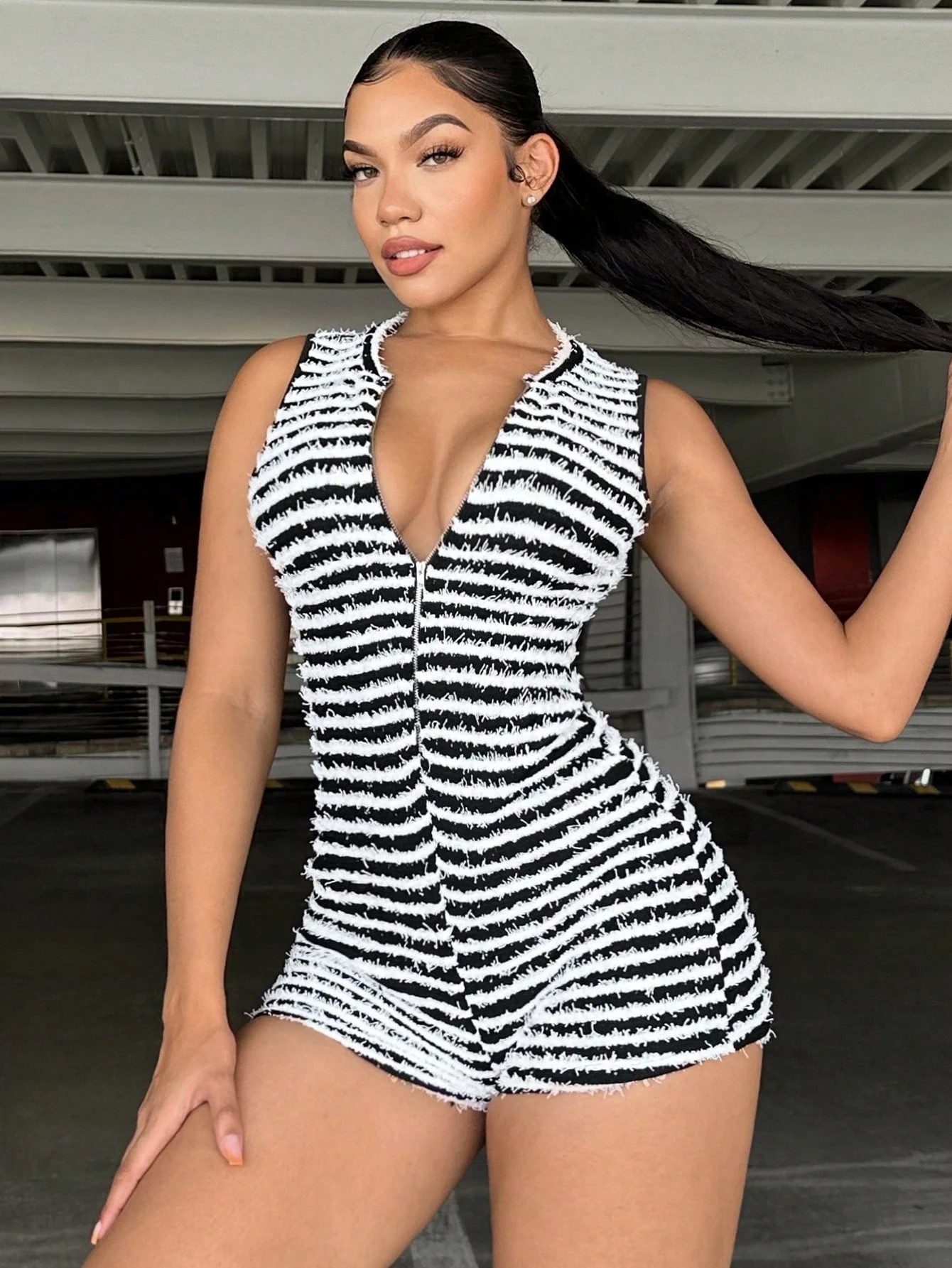 SHEIN SXY Striped Zip Up Unitard Romper | SHEIN