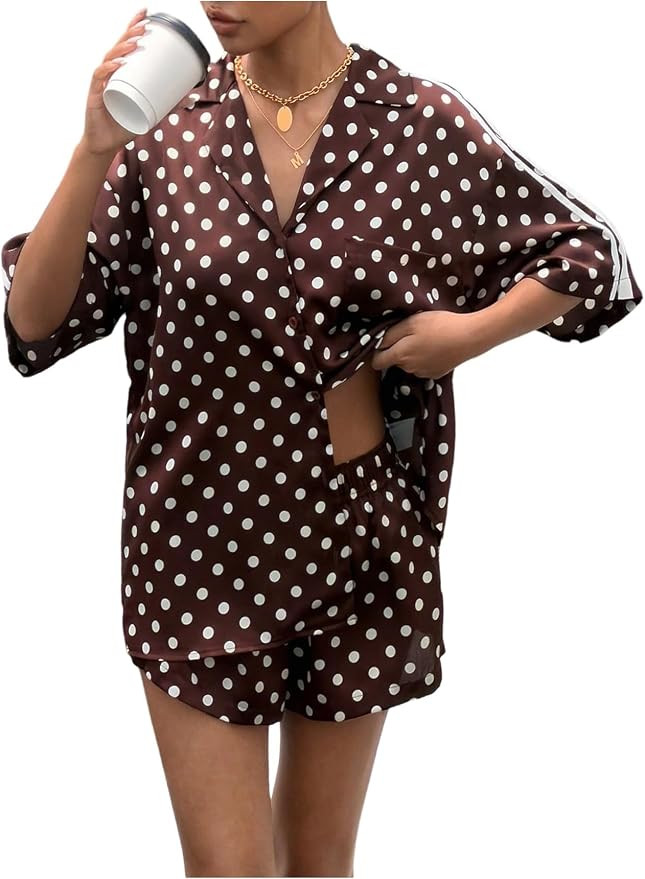 Verdusa Women's 2 Piece Polka Dots Satin Matching Sets Striped Button Up Shirts with Shorts Summe... | Amazon (US)