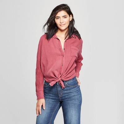 Women's Long Sleeve Tie Front Shirt - Universal Thread™ Burgundy | Target