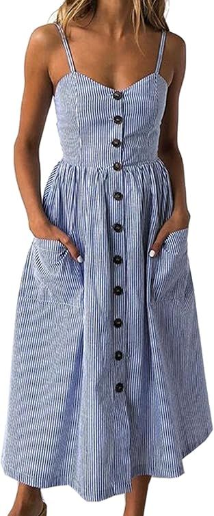 Angashion Women's Dresses-Summer Floral Bohemian Adjustable Spaghetti Strap Button Down Swing Midi D | Amazon (US)