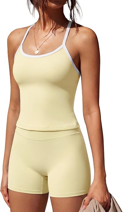 SUUKSESS Women 2 Piece Workout Sets High Waisted Tummy Control Biker Shorts Halter Padded Tank To... | Amazon (US)
