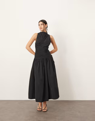 ARRANGE drop waist ruched detail funnel neck maxi dress in black | ASOS (Global)