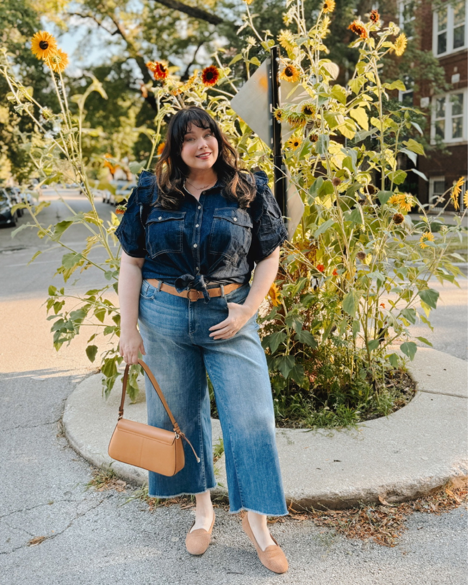 Loving this plus size denim on denim look as we head into fall! The ruffles on the denim shirt are so cute! Paired my 2 denim washes with some tan accessories and am so happy with the look! 

#LTKPlusSize