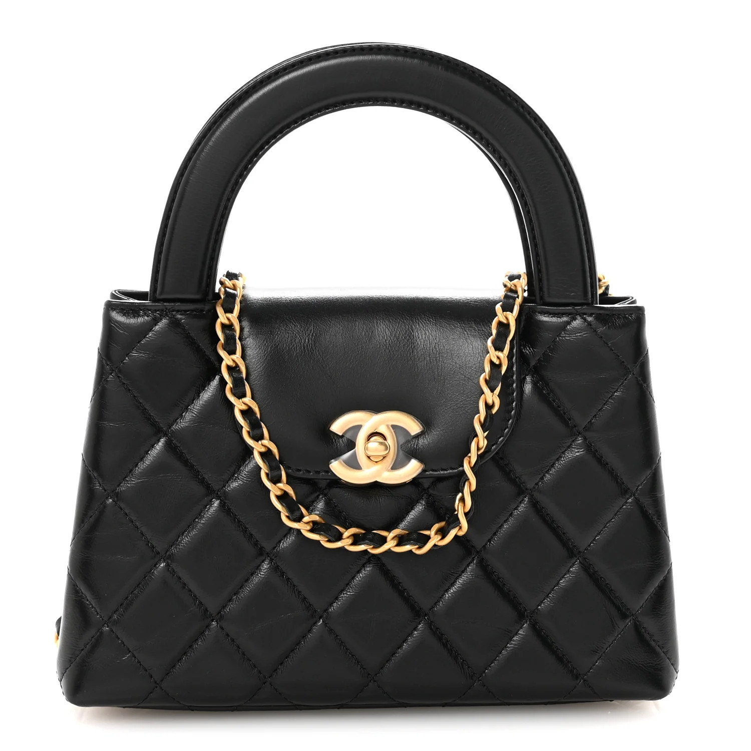 Chanel Shiny Aged Calfskin Quilted Nano Kelly Shopper Black | FASHIONPHILE (US)