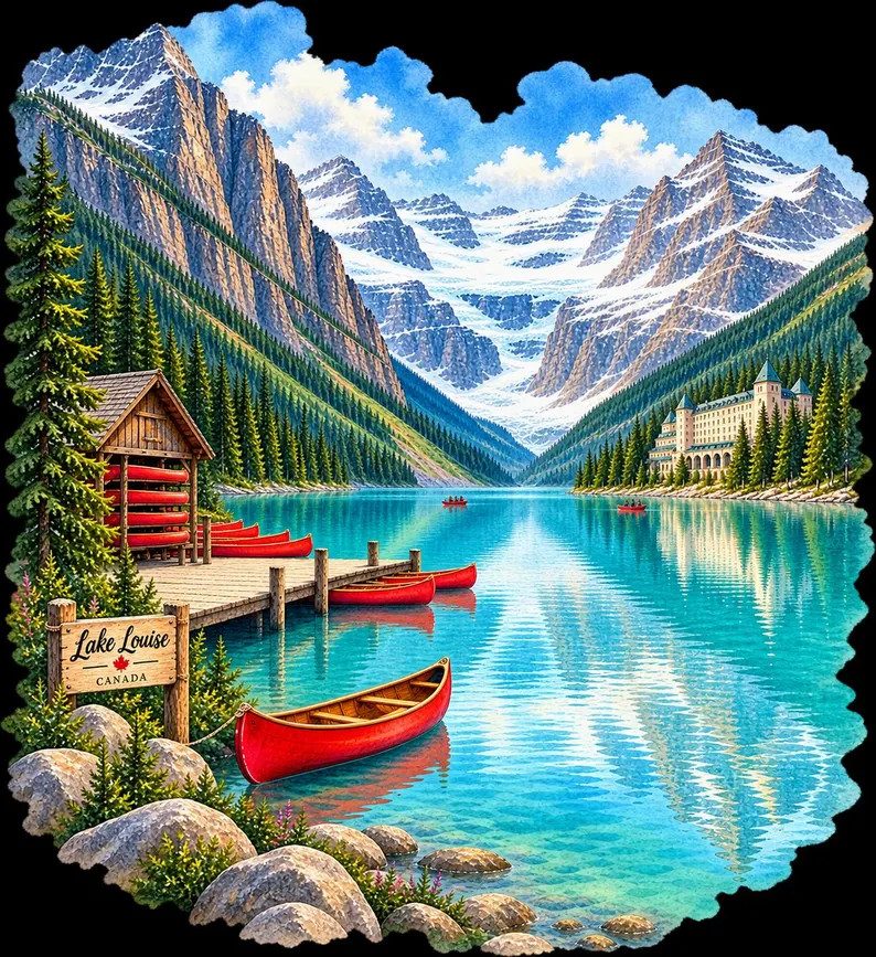 Lake Louise Canada Watercolor PNG, Canadian Rockies Travel Clipart, Banff Alberta Sublimation Des... | Etsy (Global)