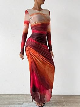 MARZXIN Womens Long Sleeve Maxi Dress Bodycon Ruched Natural Slim Fit Tie Dye Dress Cocktail Dres... | Amazon (US)