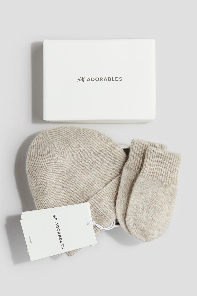H & M - 2-piece Cashmere Beanie and Mitten Set - Brown | H&M (US + CA)