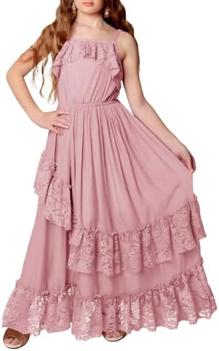 MITILLY Girls Boho Lace Flower Dresses Spaghetti Strap A-Line Ruffle Tiered Flowy Wedding Party M... | Amazon (US)